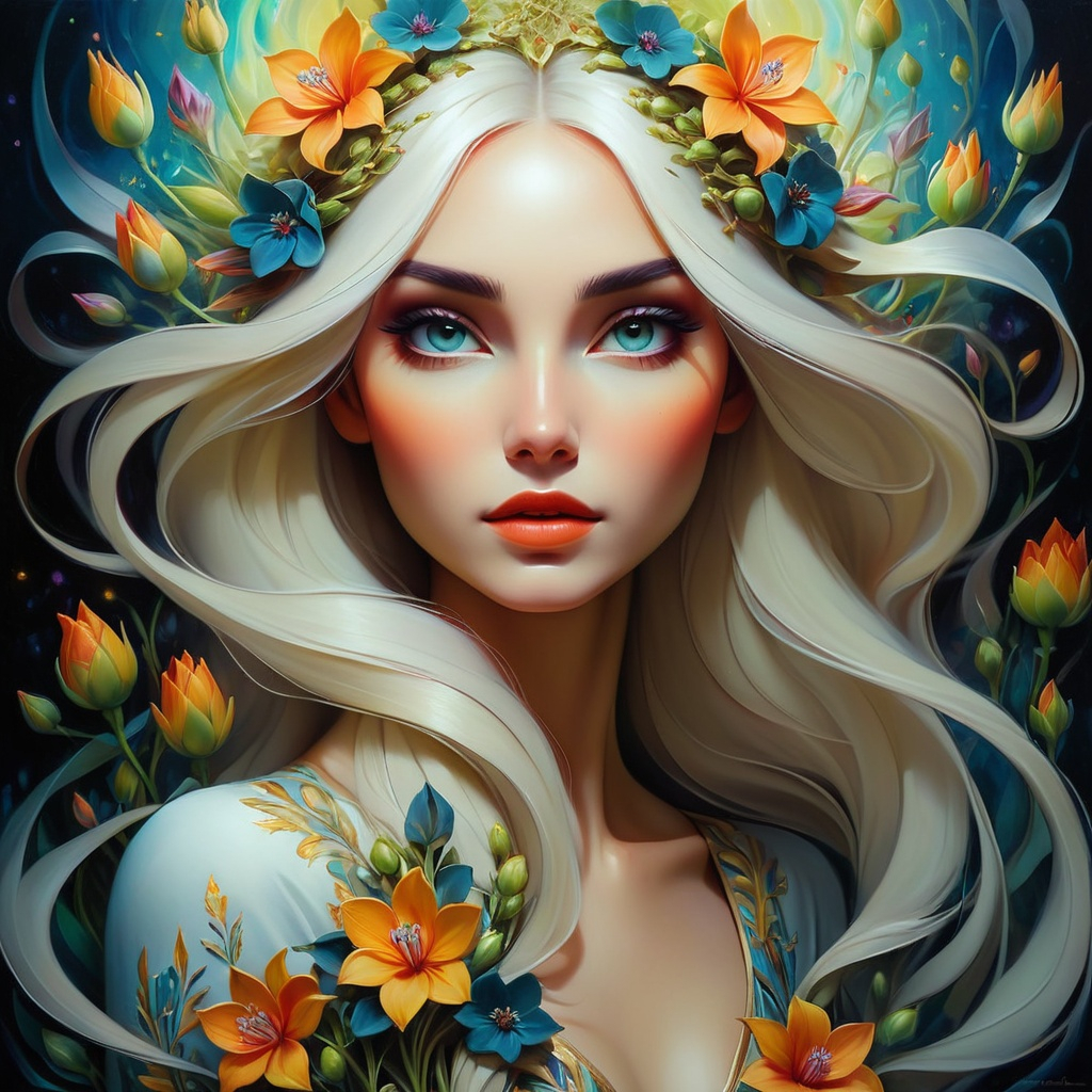 Beautiful hybrid woman with flowers sprouting from... | OpenArt