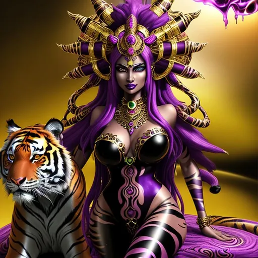 Prompt: Happy, Splendid, Superb, Dreamy, freeform dark chaos epic bold, 3D, HD, [{one}({liquid metal melancholy {Bengal-Tiger}female dressed as Goddess} with {purple gold pink green red silver blood}ink)]::2, expansive psychedelic background --s99500