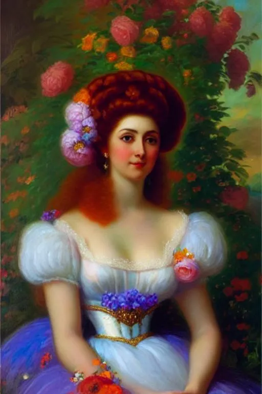 Prompt: Portrait of a woman with small chest in the style of  Leonid Afromov. brightly colored with lots of flowers everywhere in the background
