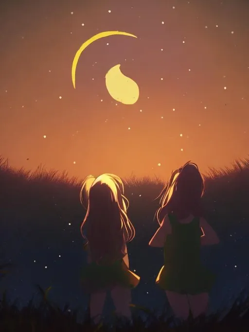 Prompt: Two girl are happy and moon up them cartoon 