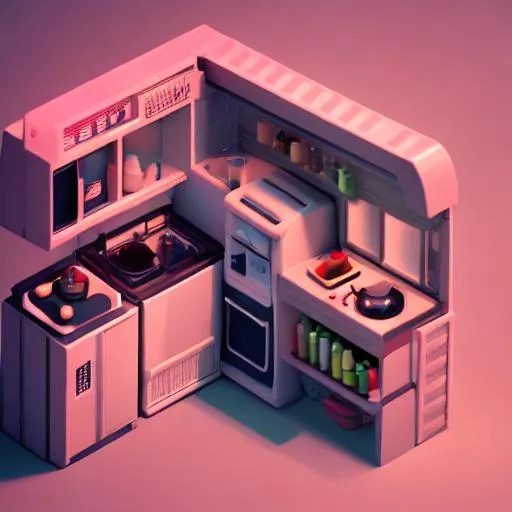 Prompt: Tiny cute isometric kitchen in a cutaway box, cyberpunk, soft smooth lighting, soft colors, 100mm lens, 3d blender render