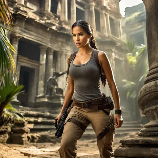 Prompt: RAW photo, athletic young Indonesian woman, 25 year old, (round face, high cheekbones, almond-shaped brown eyes, small delicate nose, black hair in long braid), dressed as Lara Croft, perfect hourglass figure, action pose, background ruined ancient tropical city, masterpiece, intricate detail, hyper-realistic, photorealism, award–winning photograph, shot on Fujifilm XT3