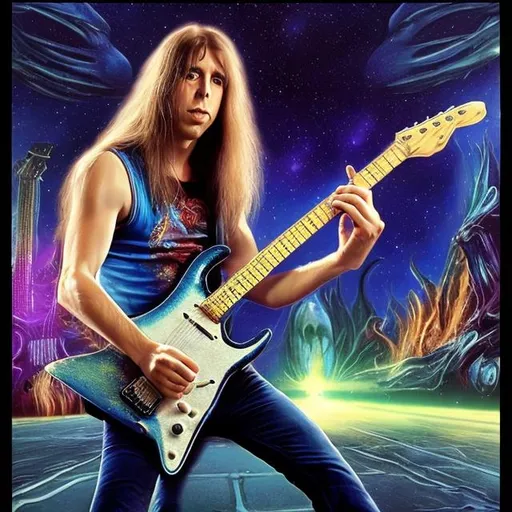 Prompt: Realistic 25 year old Uli Roth playing guitar for tips in a busy alien mall, widescreen, infinity vanishing point, galaxy background