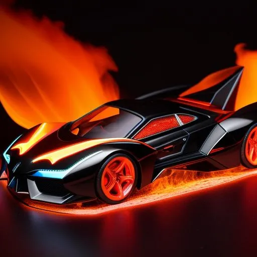 Prompt: Futuristic mega Batman car on fire and ice cosmic speed red and dark