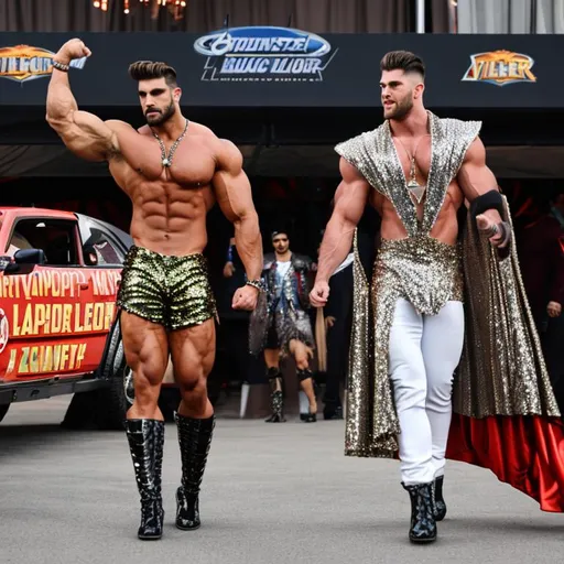 Prompt: 30 foot tall bodybuilder vs 7-foot-tall runway model, cars, planes, giants, Mambo, sequin, ripped clothes, super muscular, circus , giant, cloak, bare chest, shorts 