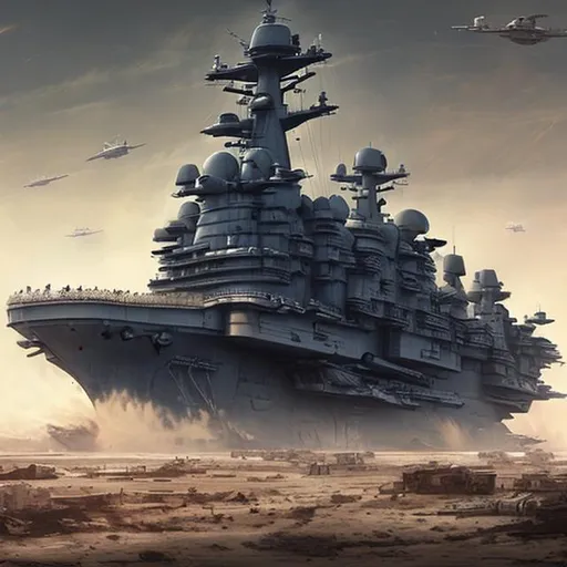 Prompt: aircraft carrier, long, huge, massive, land ship, battle tank, tank tracks, desert, scifi, futuristic