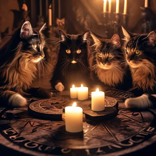 Prompt: 3 long haired cats playing ouija board at witches table