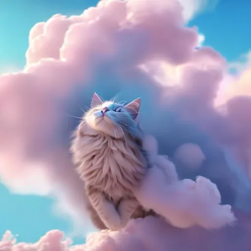 Prompt: Cotton candy cat cloud meowing, high quality details, background a blue sky, high quality HD 4K