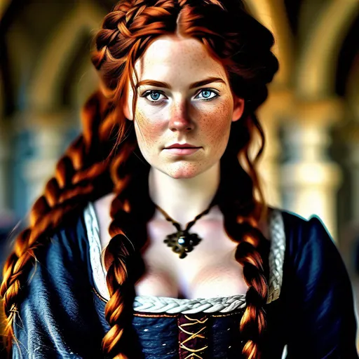 Prompt: curvy woman, messy braided auburn hair and gray eyes, freckled face, full size,  medieval dress, symmetrical face, soft ambient lighting, highly detailed,  Highly Detailed, Beautiful Composition, Deep Color, Intricate, Sharp