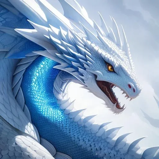 Prompt: a white dragon with latex scales and blue markings, perfect composition, hyperrealistic, super detailed, 8k, high quality, trending art, trending on artstation, sharp focus, studio photo, intricate details, highly detailed, by greg rutkowski, illustration, watercolor