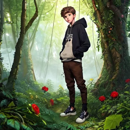 Prompt: 15 year old Boy with lightbrown hair wearing a hoodie black pants and lightbrown shoes close to foreground entering a mysterious overgrown garden surrounded by trees, thicket, roses, trees with ivy, sigil carvings in trees, bottles in strings hanging from trees, art, concept art, cinematic lighting, hyperdetailed, great composition, professional, artstation award