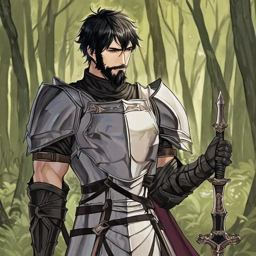 Prompt: male human knight, short Black Hair, armer, in the Woods, D&D, short beard, sord