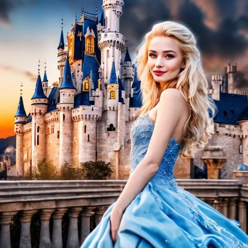 Prompt: 4k professional modeling photo live action human woman hd hyper realistic beautiful woman blonde hair fair skin blue eyes beautiful face blue ballgown enchanting magic castle landscape hd background with live action ballroom midnight