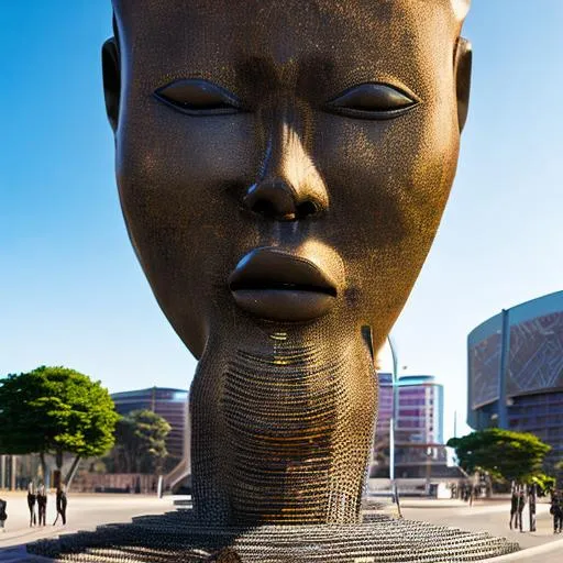 Prompt: Modernised African large art sculpture incorporated into a modern capital cities square, created with African minerals, volumetric natural light, ultra realistic