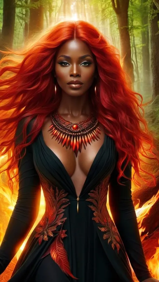 Prompt: In the heart of the enchanted forest, a black mystical woman with flowing red hair stood tall, embodying the essence of the Queen of Wands. Her presence was majestic, her eyes ablaze with unwavering passion and wisdom. The creatures of the forest gathered around her, drawn to the fiery energy she exuded. A symbol of strength and inspiration, she radiated a powerful and alluring aura that captivated all who beheld her.
