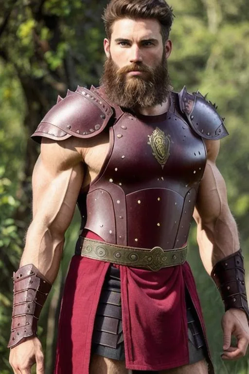 Prompt: male warrior, rugged looking, strong musculature, very hairy chest, short wavy hair and short trimmed beard, armor, crimson clothing. 
