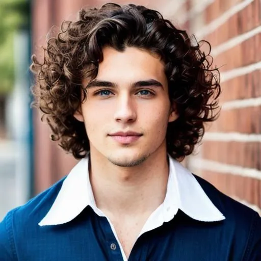 Prompt: very handsome 21 year old man, dark, long curly hair, crystal blue eyes, closeup, realistic, in color