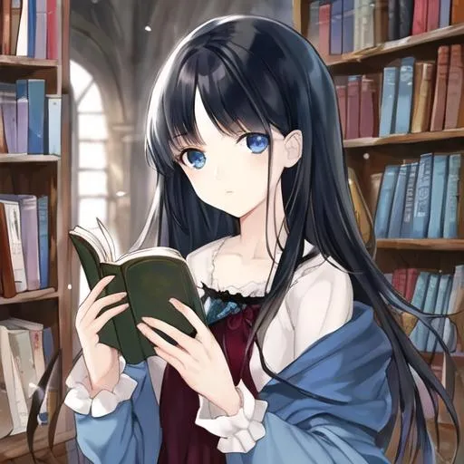 Prompt: A pretty girl with dark hair and blue eye reading a book.