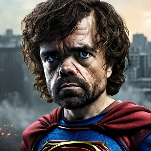 Prompt: peter dinklage as superman hyper realistic extremely detailed dark cinematic UHD