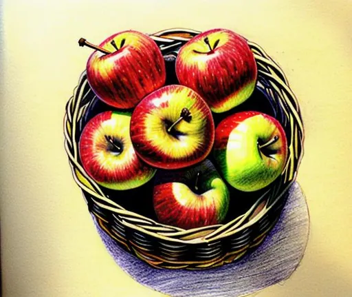 Prompt: A drawing 6 apples in a basket from above