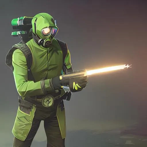 Prompt: Armoured green hazmat suit wearing man with an assualt rifle