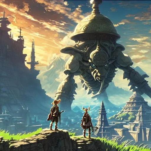 Prompt: an enormous labyrinth, beautiful architecture, statues, highly detailed carvings, atmosphere, dramatic lighting, epic composition, close up, low angle, wide angle, by miyazaki, nausicaa ghibli, breath of the wild