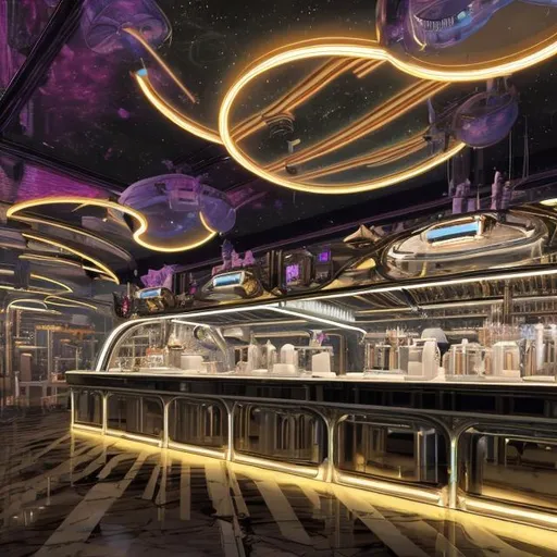 Prompt: futuristic large vienna cafe within moon base, decadent, neon, mirrors, realistic details, photorealistic, 8k render, cinematic lighting, ultra detailed