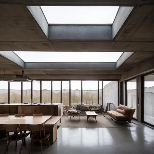 Prompt: cozy brutalist architecture with furniture and lots of natural light coming from skylight

