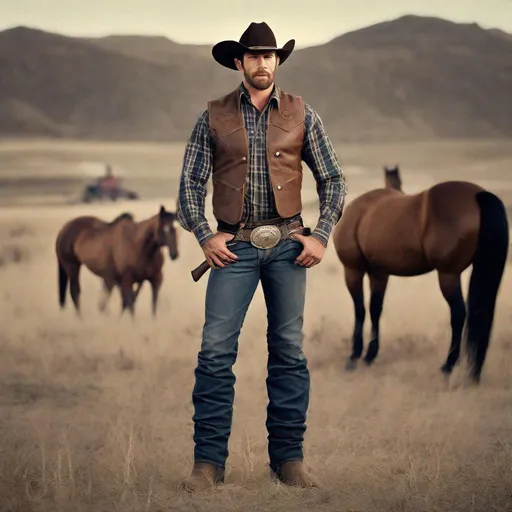 Prompt: 6'4" modern male cowboy, burly, rugged, hairy, tattoos, tight wrangler jeans, cowboy boots, brown leather vest, plaid shirt, gun holster attached at belt and thigh, on a ranch, watching horses, dynamic pose, full body