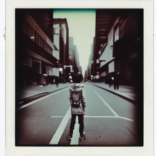 Prompt: still photo of a child
sitting in the middle of a
wide empty city street,
his back to the camera,
symmetrical, polaroid
photography, highly
detailed, crisp quality
