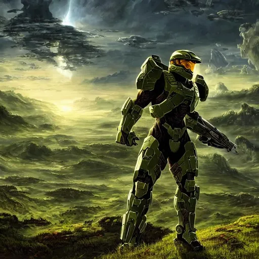 A stunning Halo Reach landscape with a Spartan on a... | OpenArt