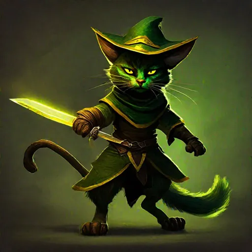 Prompt: Bipedal creature resembling a cat with large ears, deep green fur, brown bandit hat with yellow trim, yellow glowing eyes, wielding a sword, masterpiece, best quality, elder scrolls style