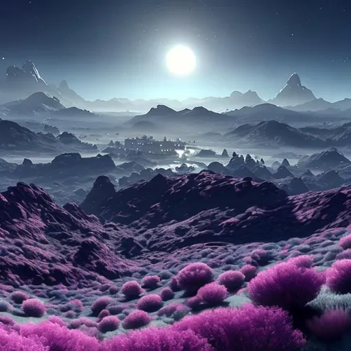 Prompt: A beautiful vista of a breathtaking, alien world, with a small town of short buildings.