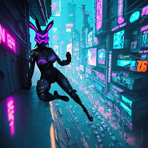 Prompt: military girl in bunny suit and mask surfing on sloped walls, night, cyberpunk big city, amazing details, digital art, cinematic lighting, neon lights, blurred background