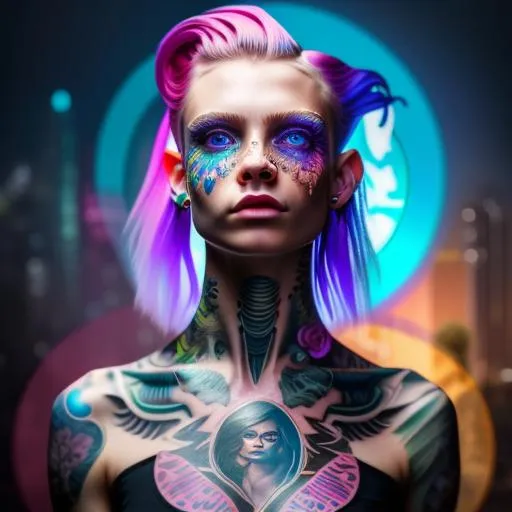 Prompt: ((best quality)), ((masterpiece)), ((realistic)), (detailed), woman, sfw, cyberpunk fashion, detailed background, bioluminescent tattoos, nose ring, Short pixie with straight hair and undercut, big blue eyes, (looking at viewer:1. 2), (high angle shot:1. 3), colorful tattoos, blue and pink hair, detailed background, in the night city, portrait, smiling, seductive look, night, close up face shot, soft lights, 8k, realistic, 105mm, bokeh, raytracing, focus face, splash page, tonemapping