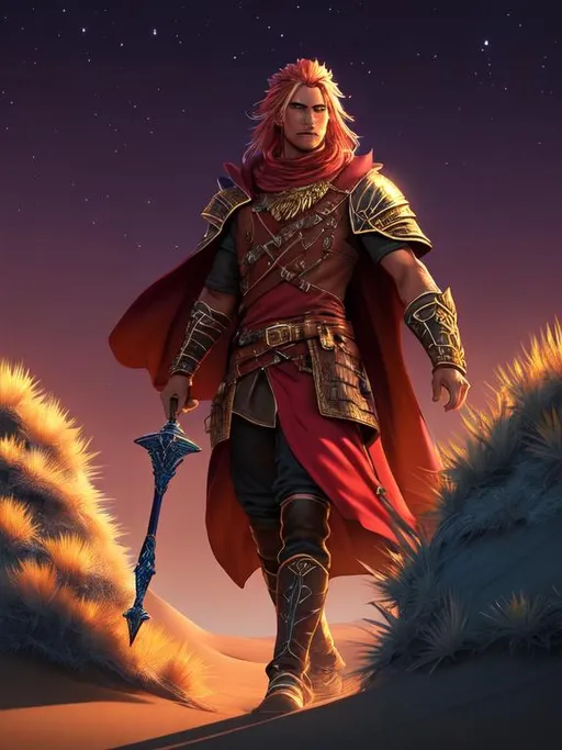 Prompt: Full-body detailed masterpiece, fantasy, high-res, quality upscaled image, perfect composition, head shot, subject of this image is a Genasi man from dungeons and dragons, wizard, red skin, 18k composition, 16k, 2D image, cell shaded, desert dunes night time background, red skin, desert, night, arcane, heroic, hyper quality, detailed face