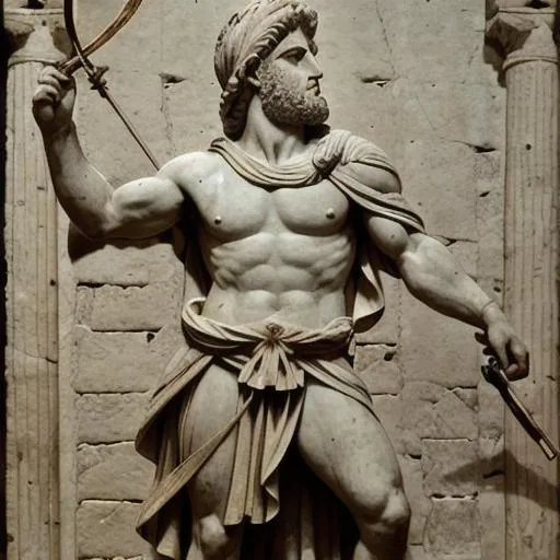 Prompt: The Ancient Greek Orion the Hunter, with his belt and bow