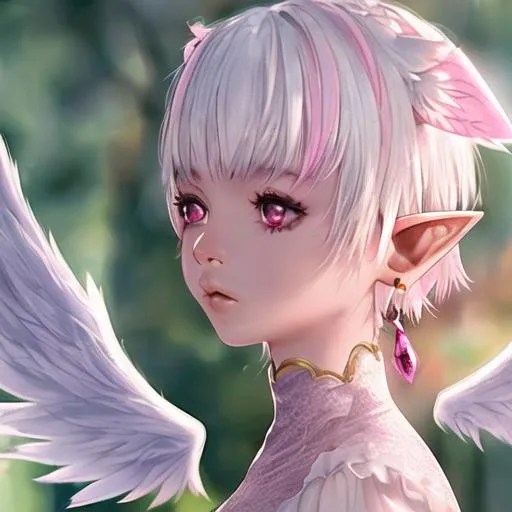 Prompt: Close up shot, cinematic shot, beautiful elf girl, white hair, pink highlights, pink bangs, earrings, Angel wings, raccoon ears, pixie hair, short hair