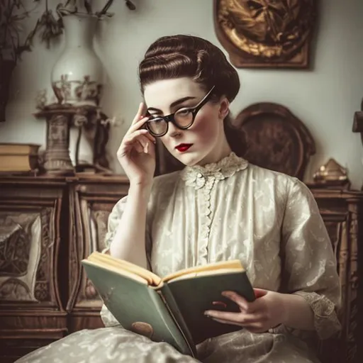 Prompt: A women in vintage outfit reading a book without showing face 