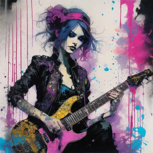 Prompt: Portrait of an gothic beautiful guitarist girl playing an electric guitar art by Jean giraud, Conrad Roset, john blanche, kent morkman, Chris Bachalo, Benedick Bana, William burroughs, calligraphy smoke inking, dripping black, Violet Pink blue and gold paint, Intricate portrait of ornate gothloli in ragged punk fashion, futuristic tattered rags, stylized fantasy art by wlop, artgerm, peter mohrbacher, bloodborne concept art, kentaro miura, kevin oneill, frazetta, trending on artstation, Masaaki asamoto beksinski frank miller lee bermejo Marc Simonetti egon schiele Joaquín Sorolla Simon Stalenhagmat brown  Matti Suuronen Jeffrey Larson druillet Tom Thomson Ross Tran James Turrell Van Gogh frazetta Rembrandt Louis Wain