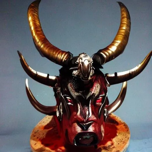 Prompt: minotaur, demon, big rams horns, many horns, black and red armor