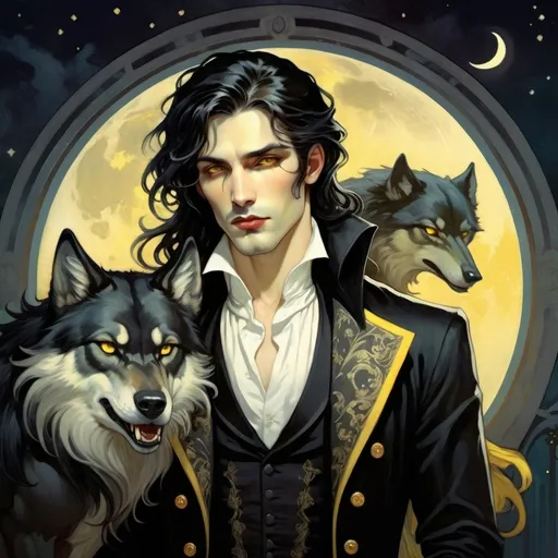 Prompt: a [handsome male vampire with long, black hair, pale skin, dark lips and yellow eyes, wearing a tailcoat], and a [huge black wolf with yellow eyes] in the moonlight