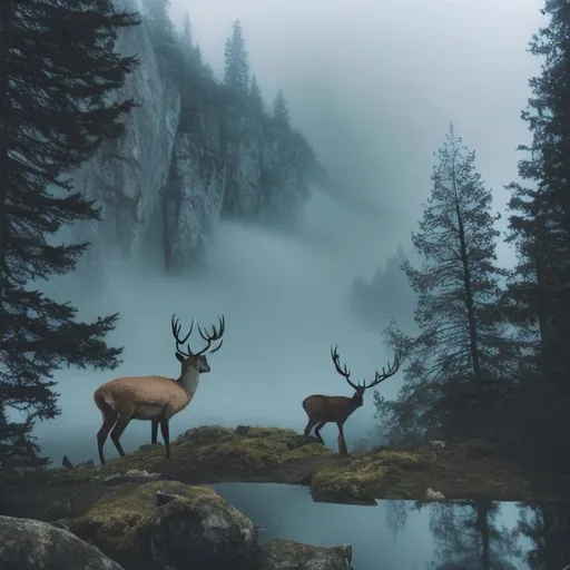 Prompt: mountains, fog, waterfall, deer