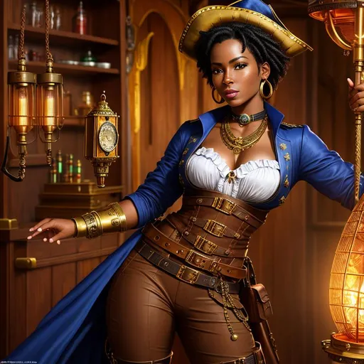 Prompt: Female African descent steampunk inventor, High-resolution hyper realistic painting of {steampunk ebony, highly detailed, short hair, fit body}, full body shot, heroic, real, alive, real skin textures, dramatic pose, uhd, hdr, 64k, epic scene, sharp edges, dressed as a pirate, wearing baggy pantaloons, expressive amused lips. Little smile. Clean. Intricate details.