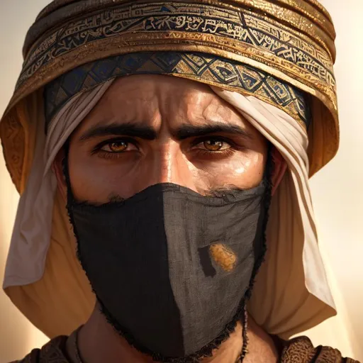 Prompt: A close up shot from Half-face portrait with head looking down, a man dressed like ancient Arab people, sad background, cover face and head with light rays around it