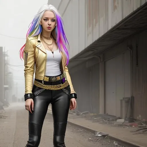 Prompt: Young woman, long multicoloured hair, leggings, white leather jacket, biker boots, gold belt, necklace, Post-apocalyptic