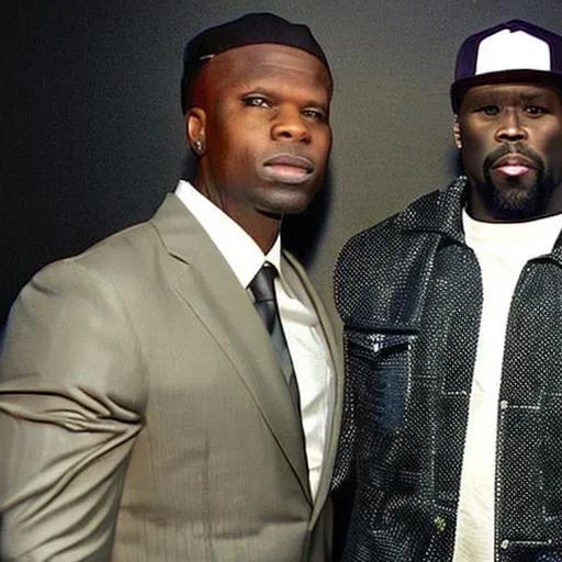 Prompt: an African-American Eminem, the rapper, standing next to a caucasian 50 Cent, the rapper