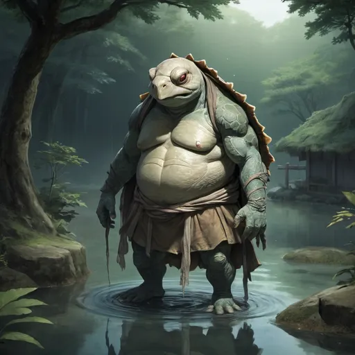 Prompt: Full body, Kappa, male japanese yokai, turtle like creature, hole in the head filled with water, wearing loincloth and rags, hollow in the head that contains water, RPG-fantasy, intense, detailed, game-rpg style, dim lighting, fantasy, detailed character design, atmospheric, otherwordly ambiance, asian forest and pond in background 