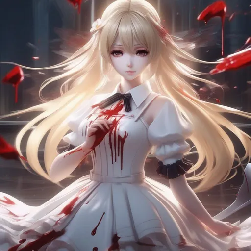 Prompt: 3d anime woman covered in blood angelic blonde hair and white dress with a knife and beautiful pretty art 4k full HD