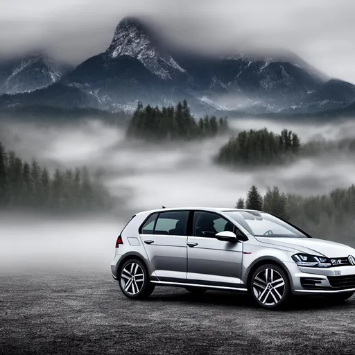 Prompt: 8k image of grey 4x4 volkswagen golf, softroading, soft lighting, mountains in background, mist in front of mountains but behind car